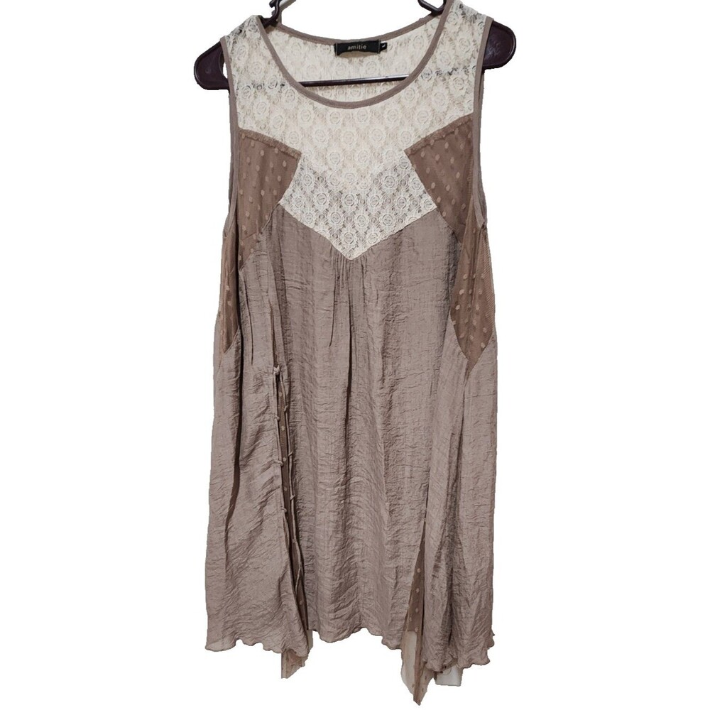 Amitie Lace Lined Trapeze Mini Dress Fairy Boho Whimsy LG Mixed Print Polka Dot